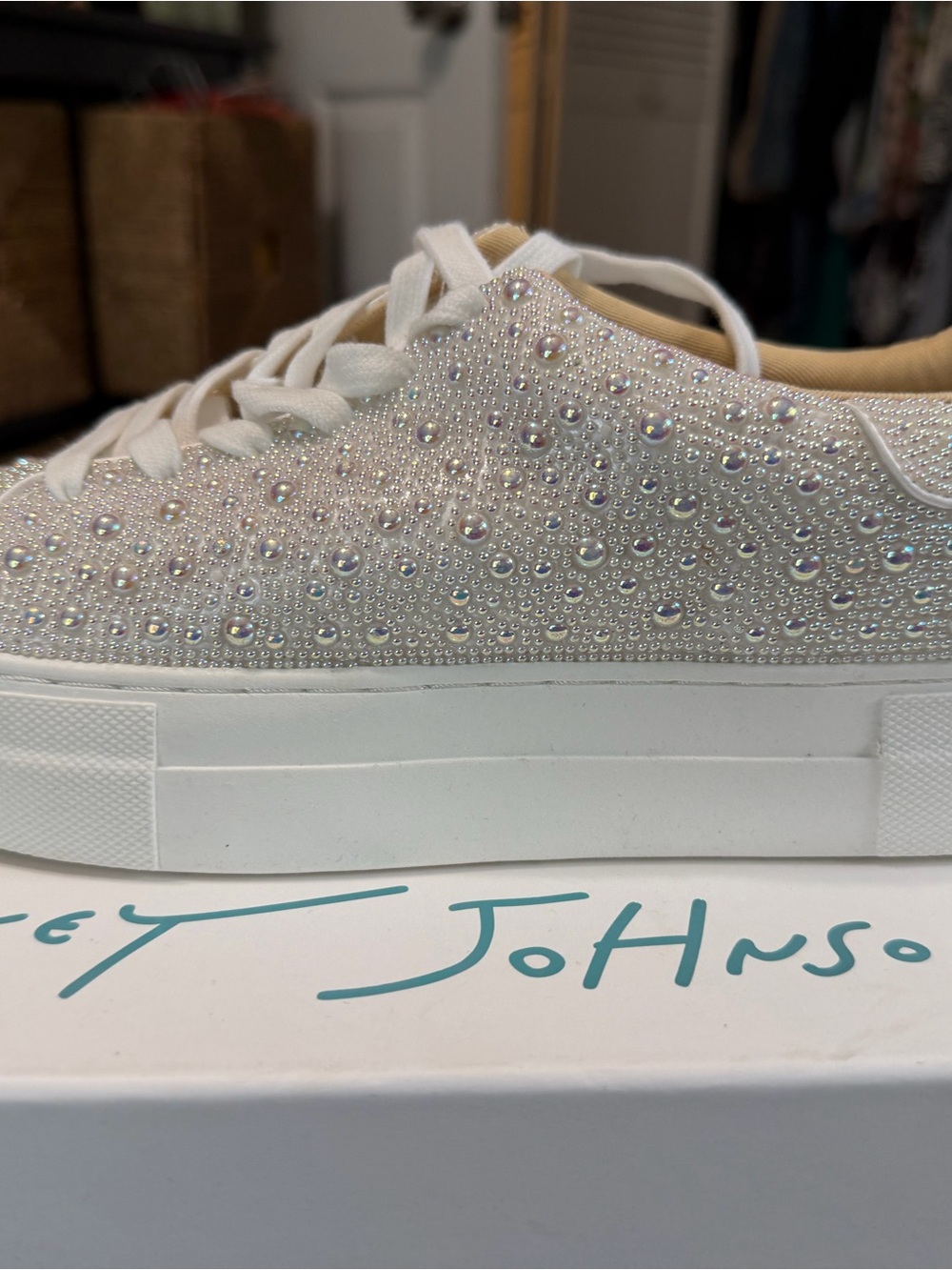 Betsey Johnson White Pearl & Crystal Platform Sneakers